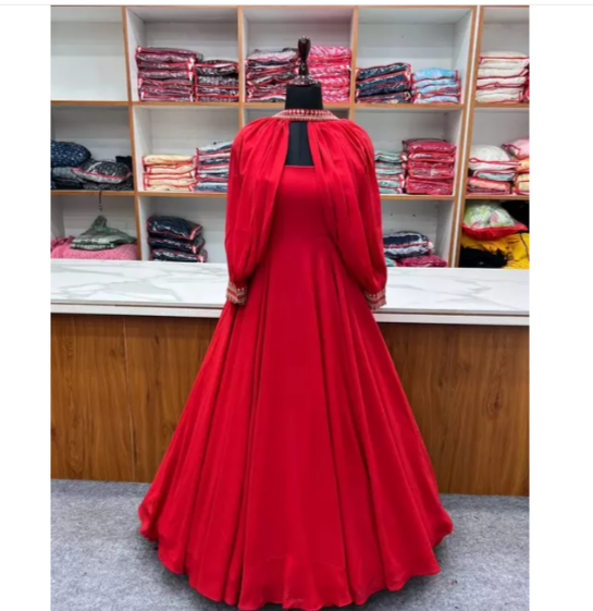 RED TRENDY SLEEVES PATTERN PURE FOX GEORGETTE GOWN – Dhinglimatching